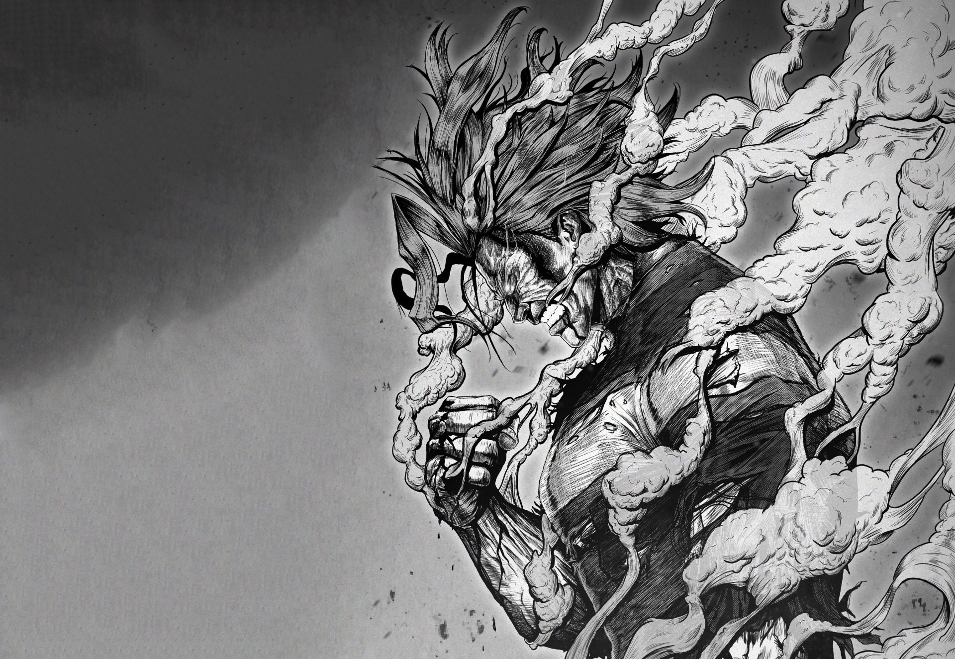HD desktop wallpaper featuring Toshinori Yagi, also known as All Might, from the anime My Hero Academia. The image showcases a dramatic, grayscale depiction of the character with smoke swirling around him.
