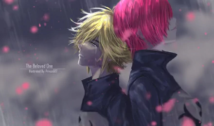 HD anime desktop wallpaper featuring Liz and Meliodas from The Seven Deadly Sins, surrounded by soft pink petals and a muted, atmospheric background.
