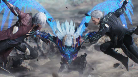 HD wallpaper featuring Vergil, Nero, and Dante from Devil May Cry 5 engaging in an intense battle scene. The blue energy effects highlight the dramatic moment from the video game.