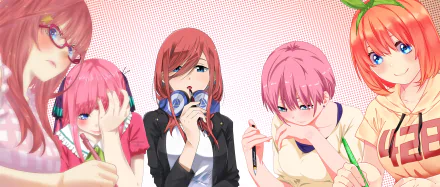 HD desktop wallpaper featuring Ichika Nakano, Yotsuba Nakano, Miku Nakano, Nino Nakano, and Itsuki Nakano from the anime The Quintessential Quintuplets. The quintuplets are engaged in various activities.