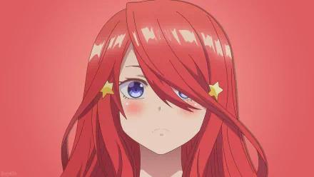 HD desktop wallpaper of Itsuki Nakano from The Quintessential Quintuplets anime, featuring her with red hair and star hair clips against a red background.