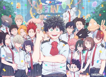 HD PC desktop wallpaper featuring a vibrant My Hero Academia anime group scene with main characters in school uniforms celebrating together.