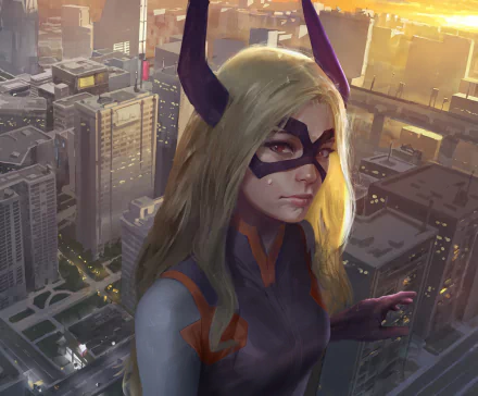 HD PC desktop wallpaper featuring Mount Lady from My Hero Academia, showcasing her mask and hero costume against a detailed urban cityscape at sunset.