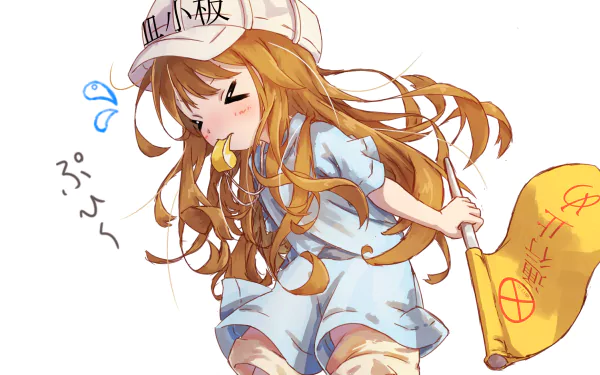 HD anime desktop wallpaper featuring Platelet from Cells at Work! in her signature uniform holding a flag with flowing hair and a determined expression.