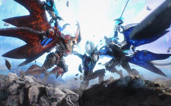 HD desktop wallpaper from Devil May Cry 5 featuring characters Vergil, Dante, and Nero engaged in dynamic combat, set against a vivid, dramatic backdrop.