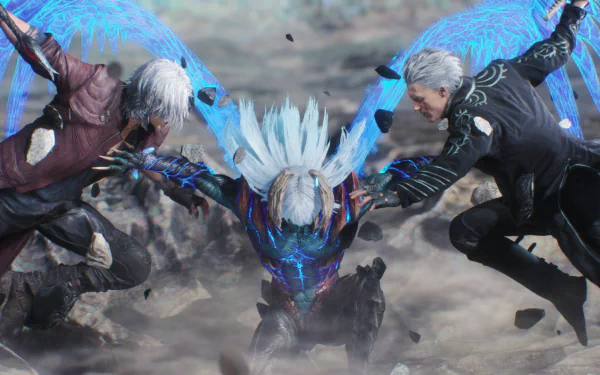 HD wallpaper featuring Vergil, Nero, and Dante from Devil May Cry 5 engaging in an intense battle scene. The blue energy effects highlight the dramatic moment from the video game.