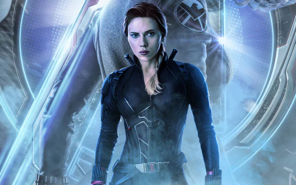 HD desktop wallpaper featuring Natasha Romanoff as Black Widow, played by Scarlett Johansson, from Avengers: Endgame. The background exudes a cool blue tone, highlighting her superhero persona.