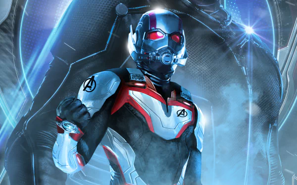 HD PC desktop wallpaper featuring Ant-Man in his Avengers Endgame suit, surrounded by a futuristic blue glow and high-tech elements from the movie.