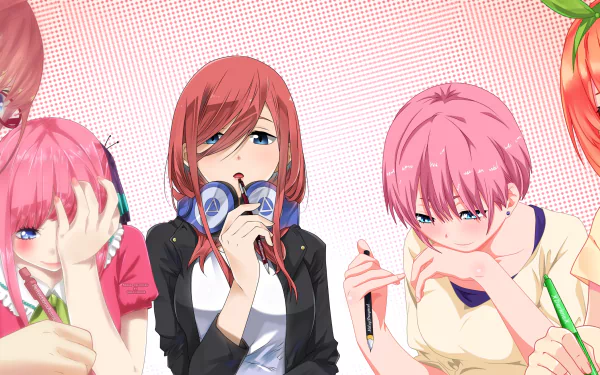 HD desktop wallpaper featuring Ichika Nakano, Yotsuba Nakano, Miku Nakano, Nino Nakano, and Itsuki Nakano from the anime The Quintessential Quintuplets. The quintuplets are engaged in various activities.