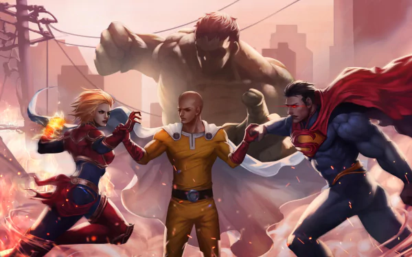 HD desktop wallpaper featuring a dynamic crossover of Captain Marvel, Hulk, Superman, and Saitama from One-Punch Man in an intense standoff, set against a cityscape background.