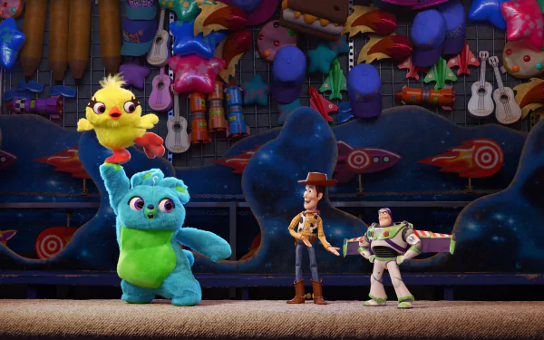 4K Ultra HD Toy Story 4 wallpaper featuring Woody, Buzz Lightyear, and colorful characters from Pixar’s Toy Story movie against a vibrant carnival background.