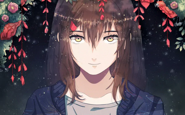An HD anime-style desktop wallpaper featuring a smiling girl with flowers above her head against a dark, starry background.