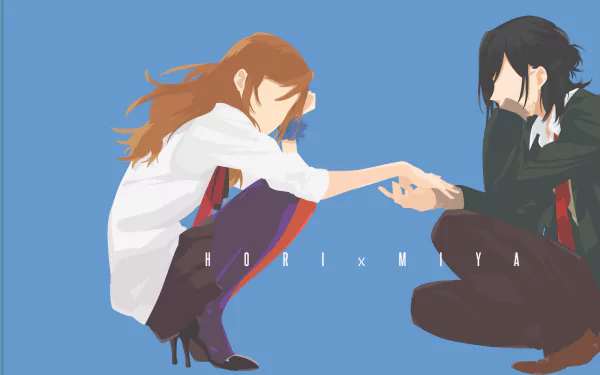 Minimalist anime HD desktop wallpaper featuring Izumi Miyamura and Hori Kyouko from Hori-san To Miyamura-kun in a soft, simple style against a blue background.