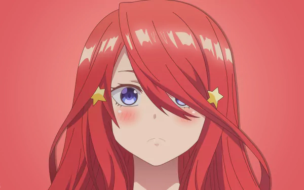 HD desktop wallpaper of Itsuki Nakano from The Quintessential Quintuplets anime, featuring her with red hair and star hair clips against a red background.