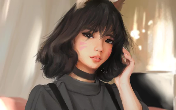 Soft-painted portrait of D.Va (Overwatch) with short dark hair and pink cheek marks, hand at her hair, warm lighting — video game fan art, 4K Ultra HD PC desktop wallpaper background.