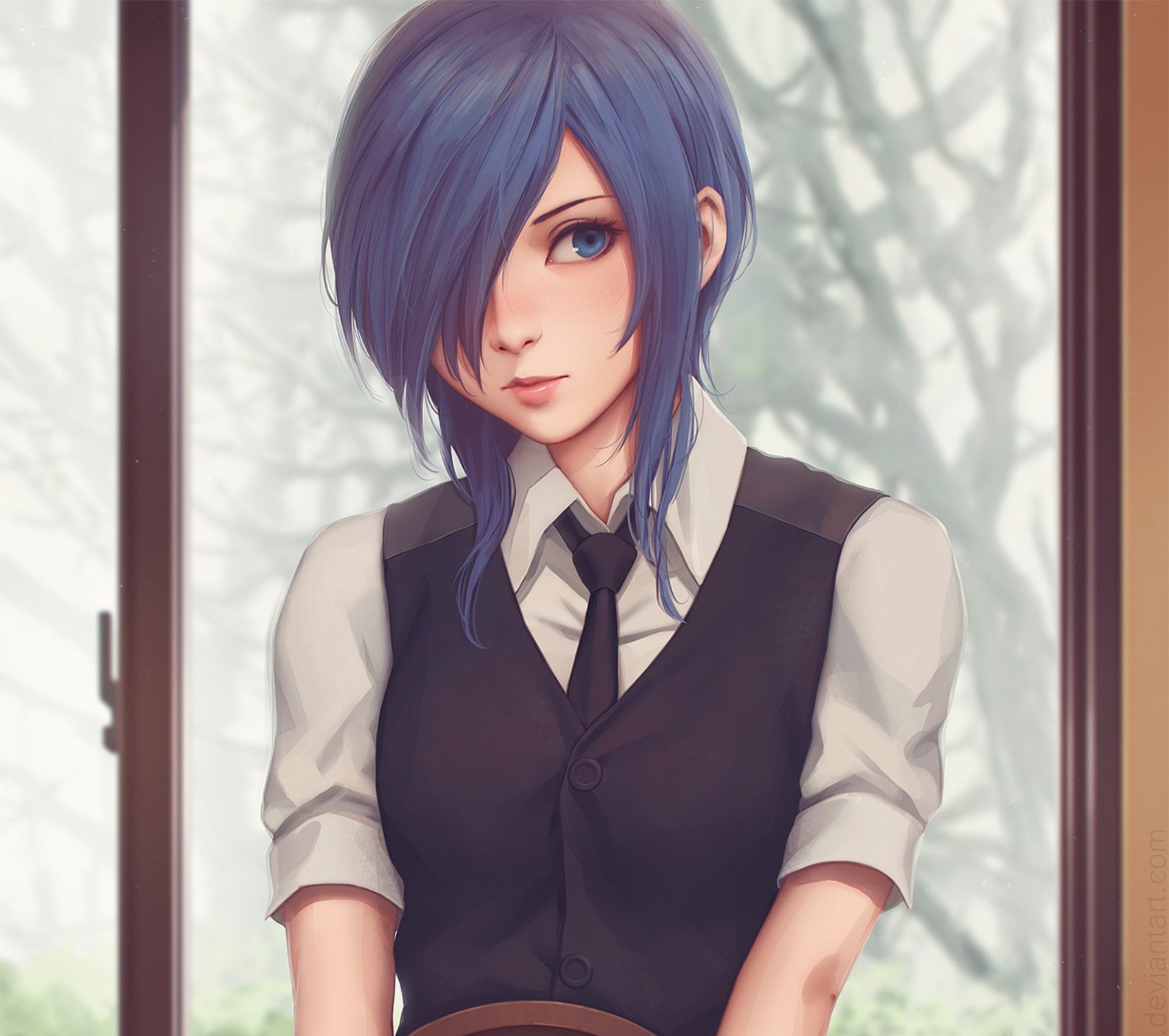 HD desktop wallpaper of Touka Kirishima from Tokyo Ghoul:re, featuring her in a black vest and white shirt, standing indoors with a window and trees blurred in the background.