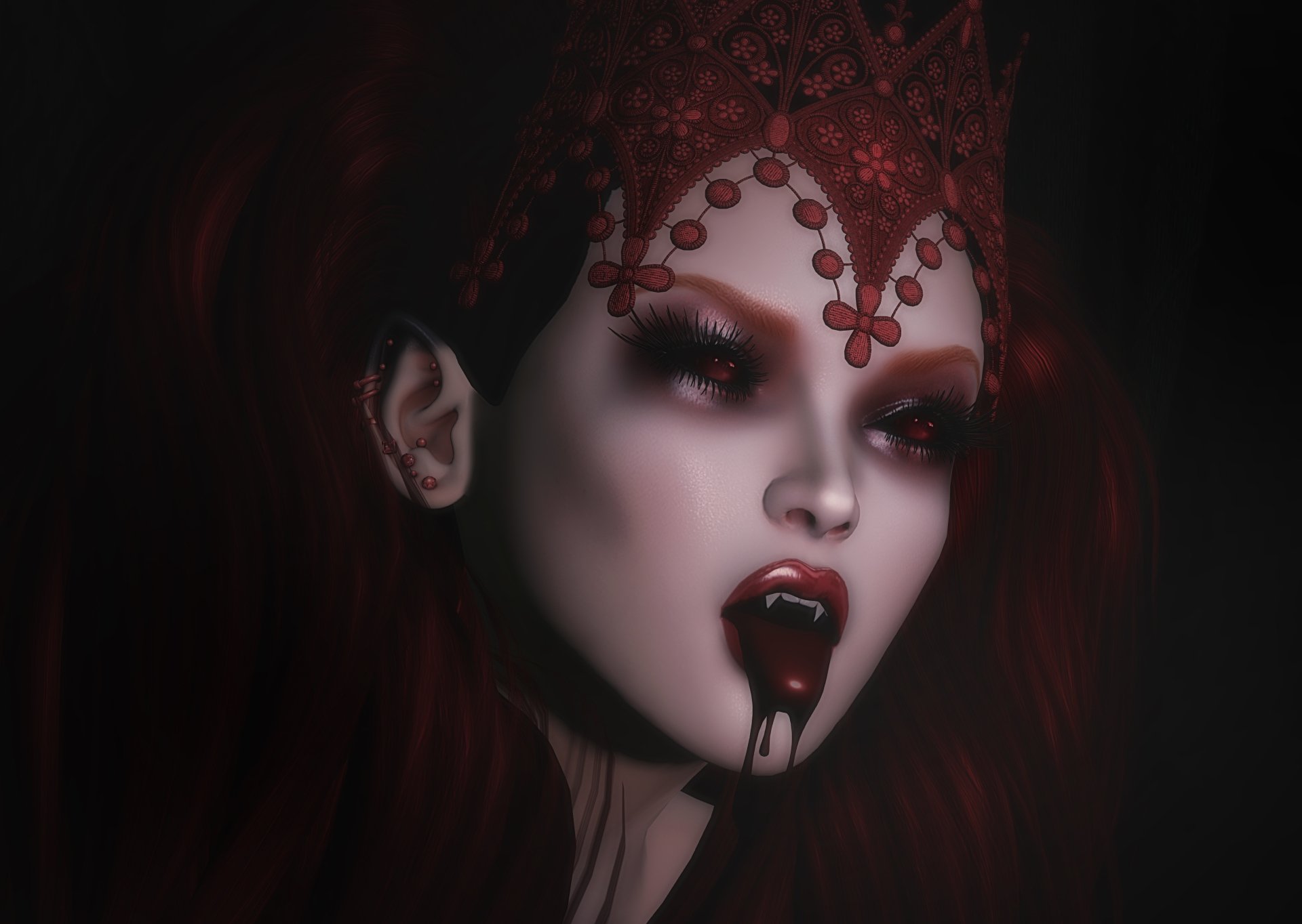 Dark fantasy 4K Ultra HD wallpaper featuring a pale vampire woman with blood-red eyes, fangs, and dripping blood against a shadowy background.