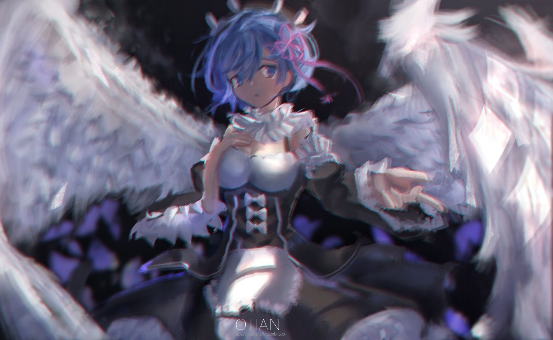 HD anime desktop wallpaper featuring Rem from Re:Zero - Starting Life in Another World, depicted with large white angel wings in a dark, dramatic background.