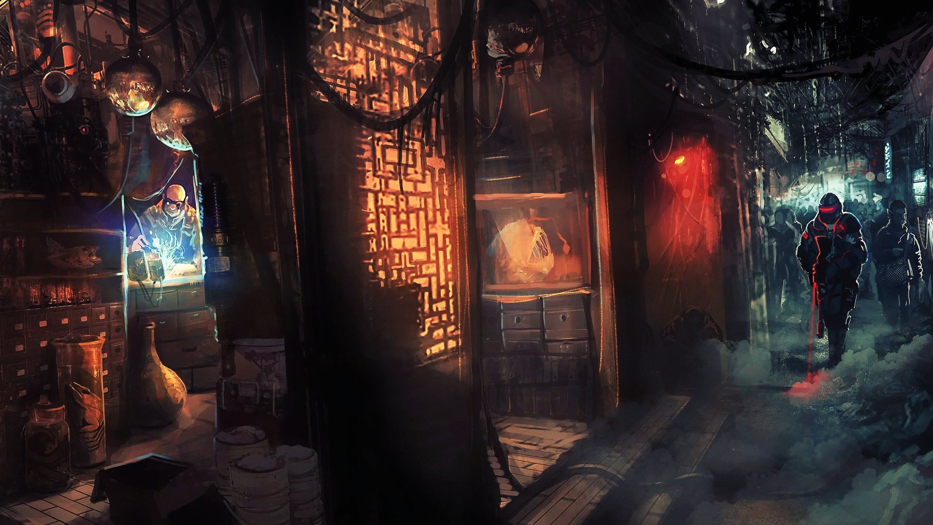 A high-definition desktop wallpaper depicting a moody sci-fi city scene with neon lights, narrow alleys, and a lone figure walking through mist.