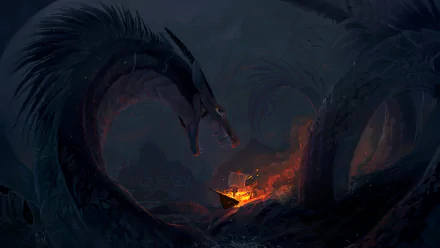 A dramatic HD fantasy desktop wallpaper featuring a boat facing a massive sea monster in dark, stormy waters. Bright flames illuminate the perilous encounter.