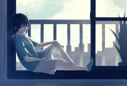 HD anime original artwork of a girl sitting by a window with a cityscape background, designed as a PC desktop wallpaper and background.