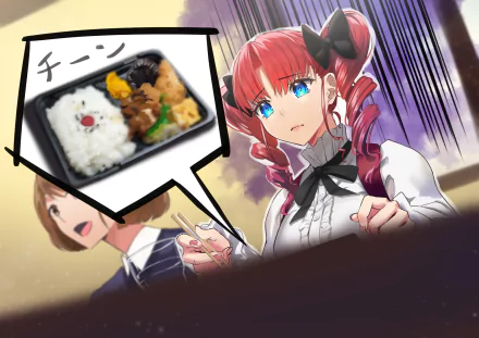 Anime-style original 4K Ultra HD PC wallpaper featuring a red-haired girl with blue eyes and a surprised expression, with a humorous bento box thought bubble.
