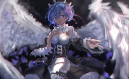 HD anime desktop wallpaper featuring Rem from Re:Zero - Starting Life in Another World, depicted with large white angel wings in a dark, dramatic background.