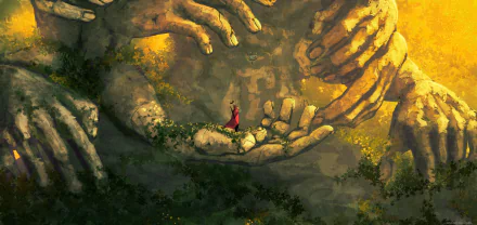 HD fantasy PC desktop wallpaper featuring a small figure standing on a giant stone hand, surrounded by enormous sculpted hands forming a mystical statue scene.