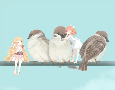 Anime-style HD desktop wallpaper featuring two blonde girls with bows and pointed ears interacting with large sparrows on a blue background.