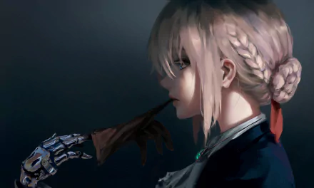 HD desktop wallpaper featuring the anime character Violet Evergarden from the series Violet Evergarden. She is depicted with her hair in a braid, holding a glove in her robotic hand.
