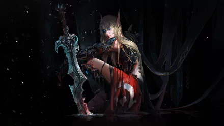 HD fantasy wallpaper of a blonde elf woman warrior with blue eyes and pointed ears, holding a large ornate sword in a dark, mystical setting.