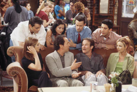 Robin Williams Chandler Bing Matthew Perry Ross Geller David Schwimmer Monica Geller Courteney Cox Joey Tribbiani Matt LeBlanc Phoebe Buffay Lisa Kudrow Rachel Green Jennifer Aniston Friends (TV Show) TV Show HD Desktop Wallpaper | Background Image
