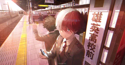 HD PC desktop wallpaper featuring Ochaco Uraraka, Tsuyu Asui, Shoto Todoroki, and Izuku Midoriya from the anime My Hero Academia at a train platform.