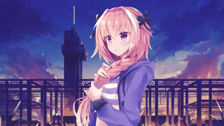 Astolfo from Fate/Apocrypha stands with a sunset background, displaying purple eyes and pink hair, making for an appealing HD desktop wallpaper.
