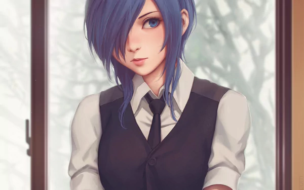 HD desktop wallpaper of Touka Kirishima from Tokyo Ghoul:re, featuring her in a black vest and white shirt, standing indoors with a window and trees blurred in the background.