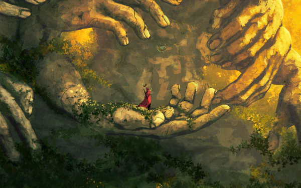 HD fantasy PC desktop wallpaper featuring a small figure standing on a giant stone hand, surrounded by enormous sculpted hands forming a mystical statue scene.