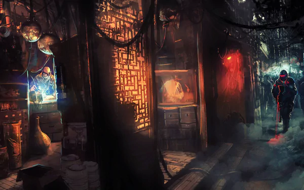 A high-definition desktop wallpaper depicting a moody sci-fi city scene with neon lights, narrow alleys, and a lone figure walking through mist.