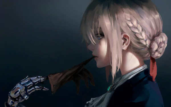 HD desktop wallpaper featuring the anime character Violet Evergarden from the series Violet Evergarden. She is depicted with her hair in a braid, holding a glove in her robotic hand.