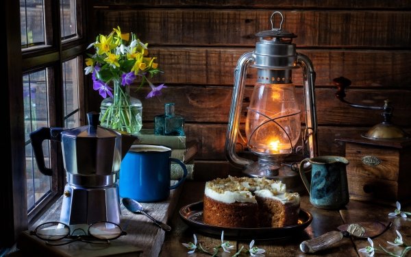 Photography Still Life Lantern Cake Coffee Grinder Flower Glasses Book Spoon HD Wallpaper | Background Image