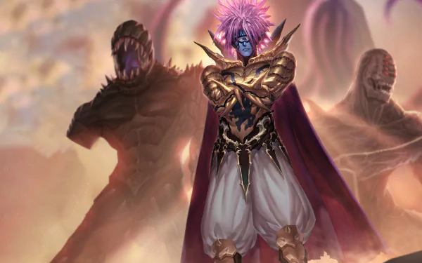 HD anime desktop wallpaper featuring Lord Boros from One-Punch Man, standing confidently with two monstrous figures in the background.
