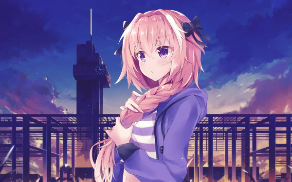 Astolfo from Fate/Apocrypha stands with a sunset background, displaying purple eyes and pink hair, making for an appealing HD desktop wallpaper.