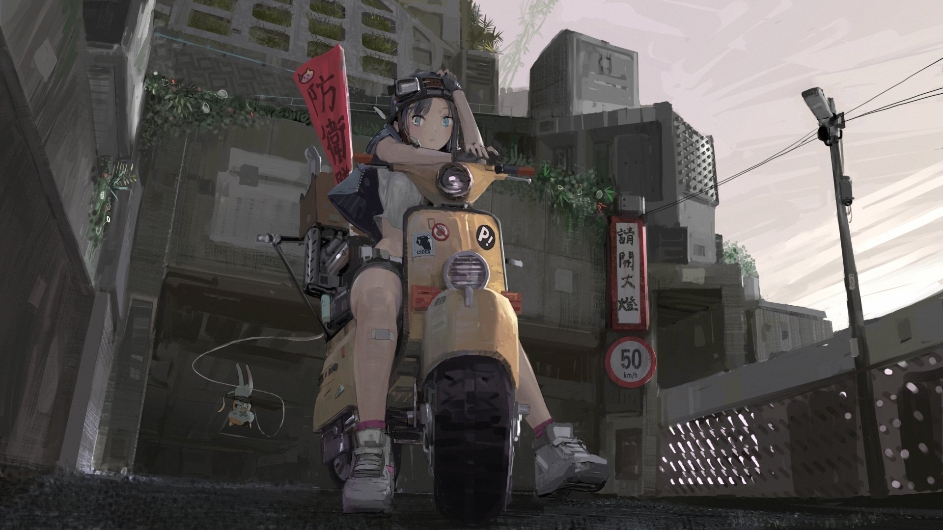 An anime character sits on a yellow scooter against an urban background, adorned with various stickers. HD desktop wallpaper featuring original artwork tagged as scooter, anime.