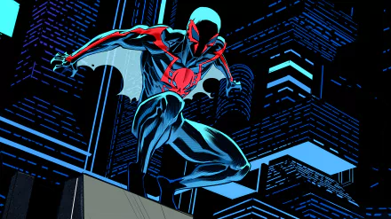 HD PC desktop wallpaper featuring Miguel O'Hara as Spider-Man 2099 in a dynamic comic-style pose against a neon-lit cityscape background.