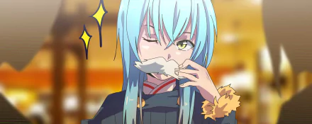 HD anime wallpaper of Rimuru Tempest with blue hair from That Time I Got Reincarnated as a Slime, winking and holding a fake mustache.