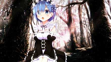 HD anime wallpaper featuring Rem from Re:Zero - Starting Life in Another World, standing in a softly lit, enchanting forest setting.