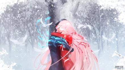 Hiro and Zero Two from Darling in the FranXX embrace amid a snowy, ethereal forest, glowing with vibrant blue and pink energy in this HD anime desktop wallpaper.