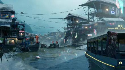 HD Sci-Fi city wallpaper featuring a futuristic riverside scene with buildings lit by neon signs and boats docked along the water under a misty sky.