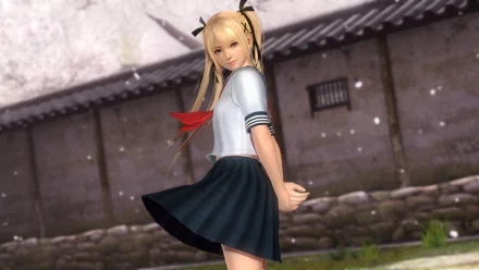 HD wallpaper of Marie Rose from Dead or Alive 6, featuring the character in a school outfit with a traditional Japanese backdrop.
