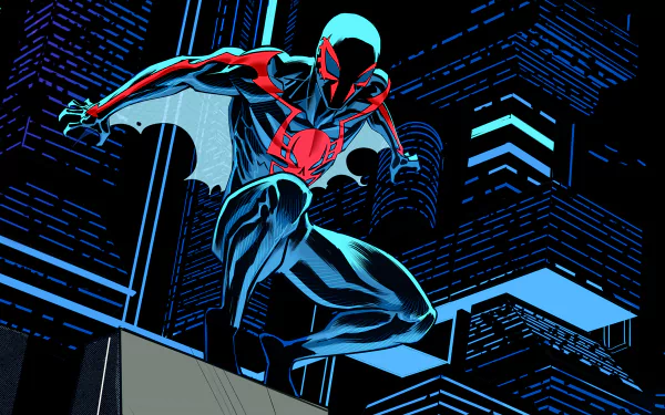 HD PC desktop wallpaper featuring Miguel O'Hara as Spider-Man 2099 in a dynamic comic-style pose against a neon-lit cityscape background.