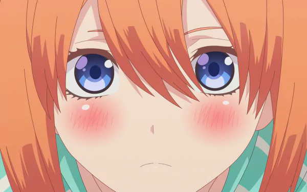 HD anime wallpaper featuring Yotsuba Nakano from The Quintessential Quintuplets with orange hair and striking blue eyes.